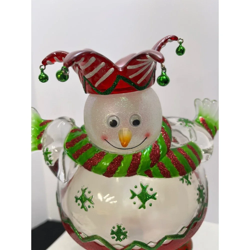 Snowman Jester Figurine Christmas Holiday Decor Glass Glitter Bells 9.5 Inch